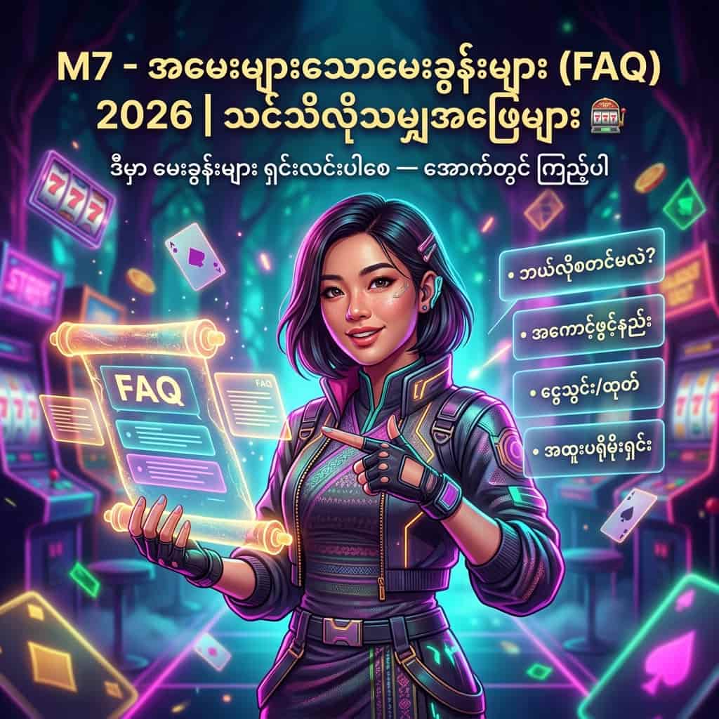 Square promotional image showing a confident Asian female presenter in a neon synthwave fantasy setting holding a glowing holographic FAQ scroll, with the Burmese headline "M7 - အမေးများသောမေးခွန်းများ (FAQ) 2026 | သင်သိလိုသမျှအဖြေများ 🎰", vibrant colors, readable Burmese typography, and floating FAQ tiles to attract viewers seeking answers and drive clicks for FAQ content.