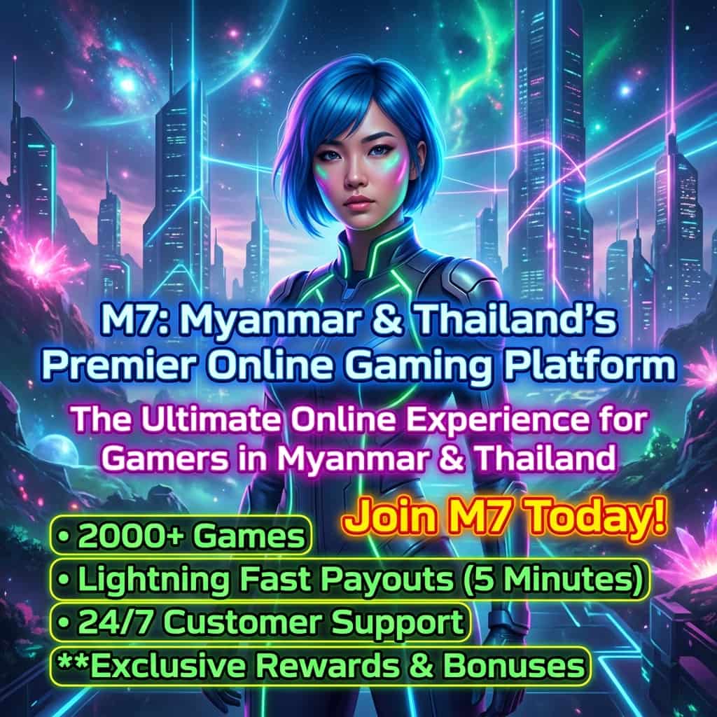 This image depicts a captivating futuristic cyberpunk scene featuring an Asian female presenter promoting M7, the premier online gaming platform for gamers in Myanmar and Thailand. The image showcases the platform's key features, including a wide array of games, fast payouts, 24/7 customer support, and exclusive rewards. The vibrant neon color scheme and futuristic setting aim to capture attention and invite viewers to explore M7's online gaming experience.