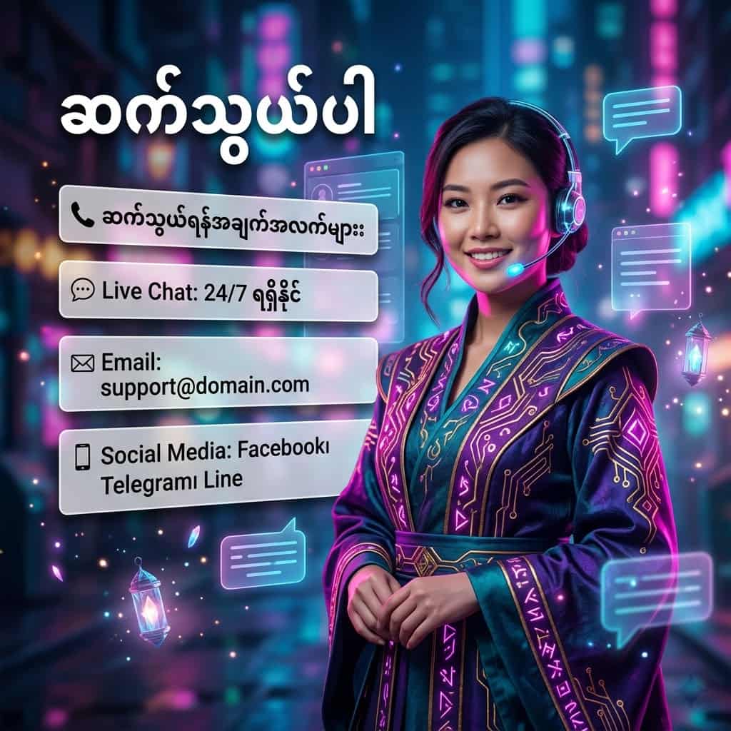 A vibrant square promotional image showing an Asian female presenter in a neon cyber-fantasy setting with glowing holographic chat bubbles and clear contact information cards that state live chat 24/7, an email contact placeholder, and social media channels Facebook, Telegram and Line, designed to attract attention and drive immediate customer contact and engagement.