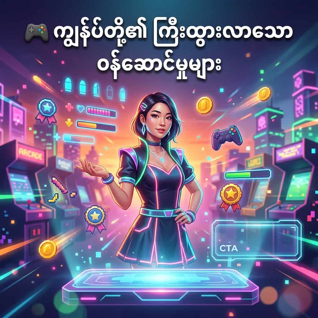 Square promotional image showing an Asian female presenter in a neon retro-arcade fantasy scene announcing growing Burmese gaming services, featuring a bold Burmese headline, glowing holographic game icons, vivid lighting, readable Burmese typography, and a clear visual call-to-action to attract clicks and engagement.