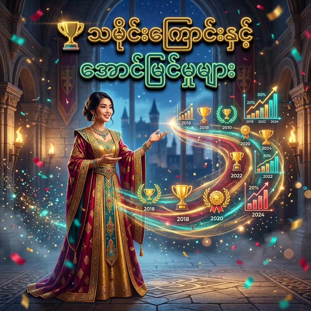 Square promotional image showing an Asian female presenter in a fantasy historical collage setting beside a glowing timeline of achievements, with Burmese headline announcing history and achievements, vibrant celebratory colors, award icons, and clear readable typography to attract Burmese-speaking audiences and highlight legacy milestones for engagement.