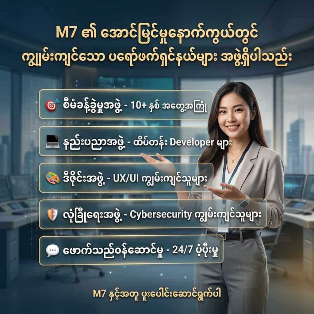 Square promotional image showing an Asian female presenter in a sleek corporate-tech studio with holographic team cards listing M7’s expert teams in Burmese: management (10+ years), top developers, UX/UI designers, cybersecurity experts, and 24/7 customer support; clean modern colors convey professionalism, trust, and technical excellence to attract Burmese-speaking audiences.