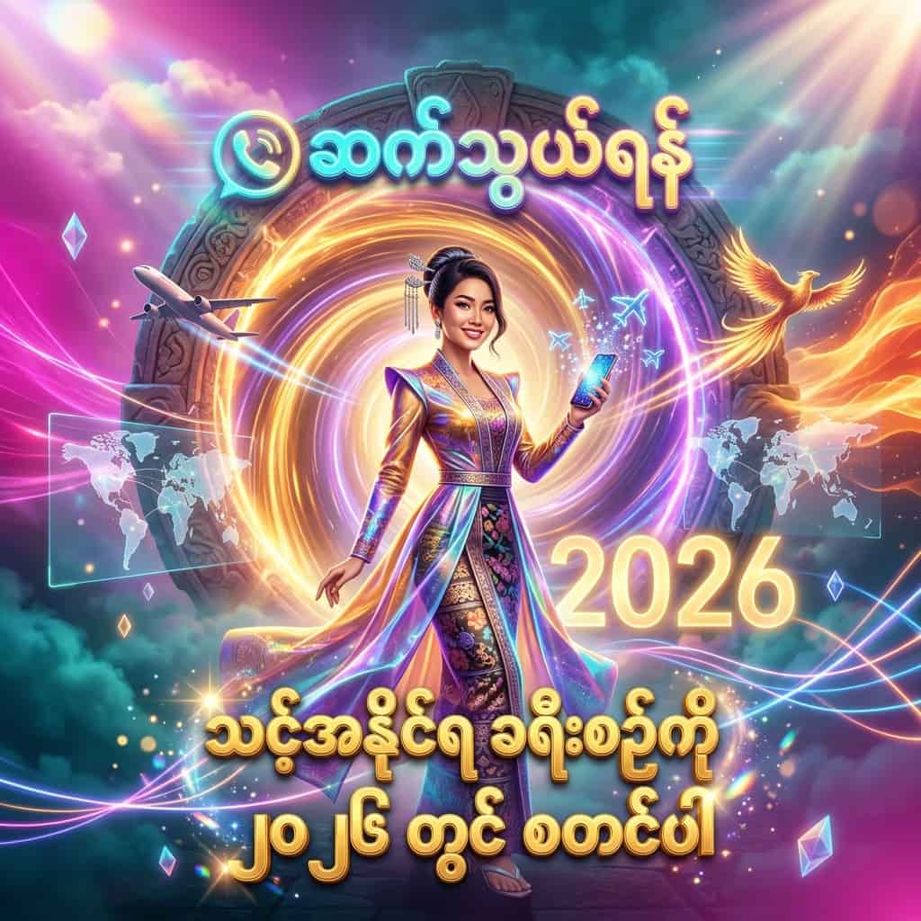 Fantasy travel portal promotional image featuring Asian female presenter holding glowing smartphone before magical golden vortex, displaying Myanmar language contact text and 2026 winning journey headline, vibrant cyberpunk magenta and teal color palette with holographic typography and ethereal lighting effects designed for high-engagement social media marketing.