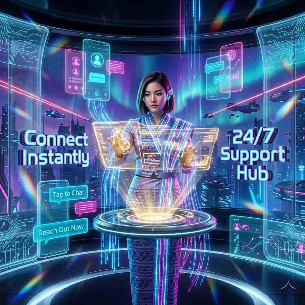 Futuristic cyberpunk customer service visualization featuring Asian female presenter in holographic attire surrounded by neon contact interfaces and floating smartphones, designed as high-engagement social media hook for tech support connectivity solutions with vibrant magenta and cyan lighting effects