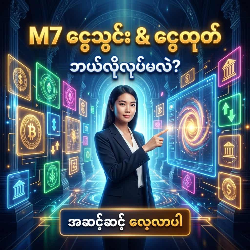 Square thumbnail showing an Asian female presenter in a futuristic fantasy finance setting explaining M7 deposit and withdrawal steps, with glowing transaction icons, bold readable Burmese text, vibrant colors, and a clear educational hook for social media engagement.