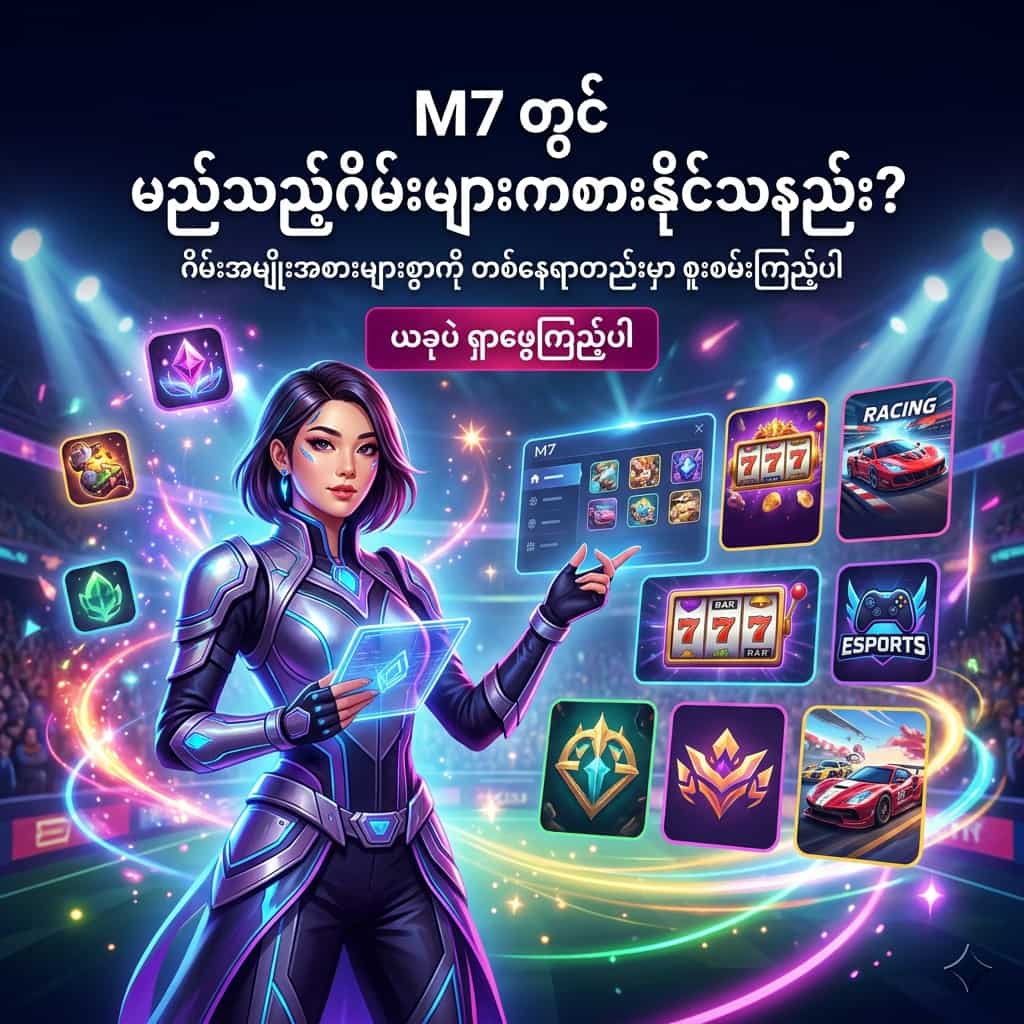 Square esports fantasy promotional image with an Asian female presenter, glowing game icons, vibrant neon lighting, and Burmese text asking which games can be played at M7, designed to attract attention and boost engagement.