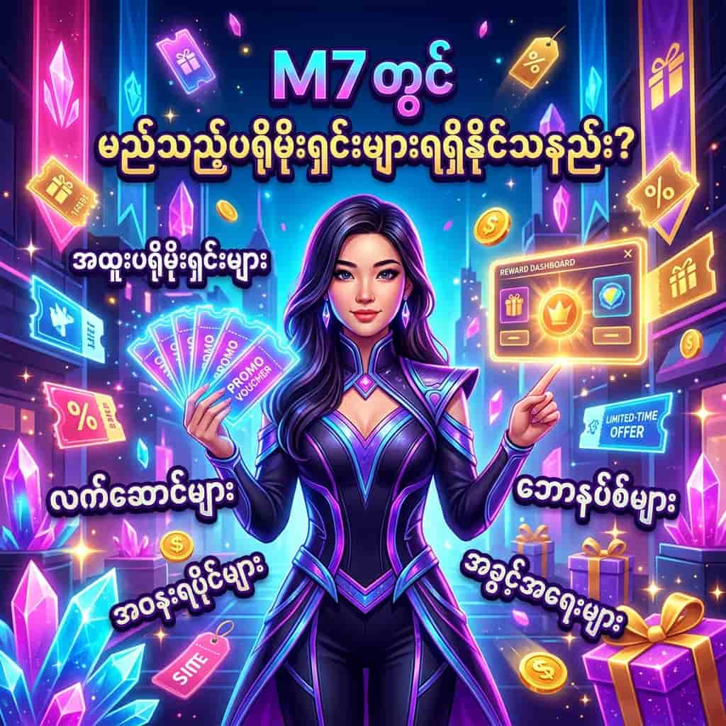 Square promotional fantasy image with an Asian female presenter, glowing reward icons, gift boxes, bonus visuals, and Burmese text asking what promotions are available at M7, designed as a vibrant clickable social media hook.