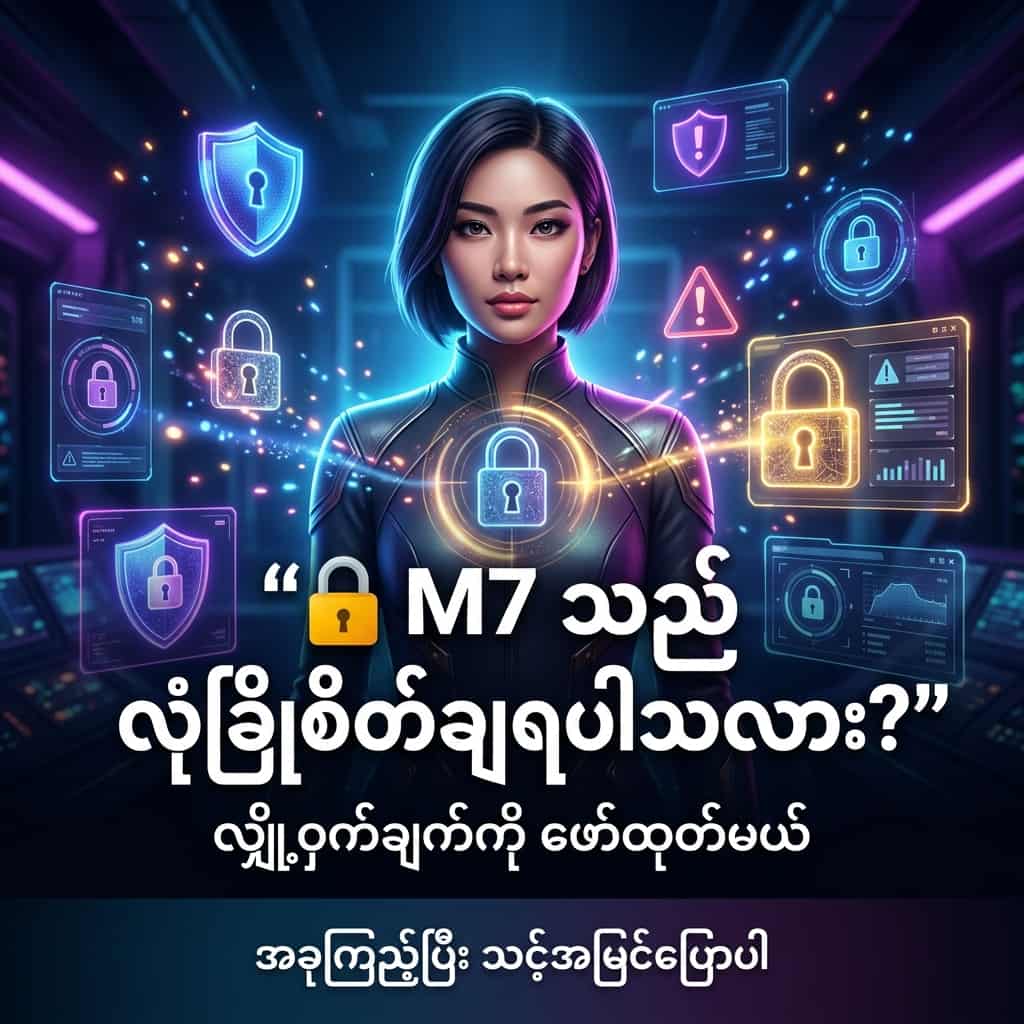 Square social media thumbnail showing an Asian female presenter in a fantasy-tech setting with glowing security shields, holograms, and bold Burmese text asking whether M7 is safe, designed to grab attention and encourage clicks.