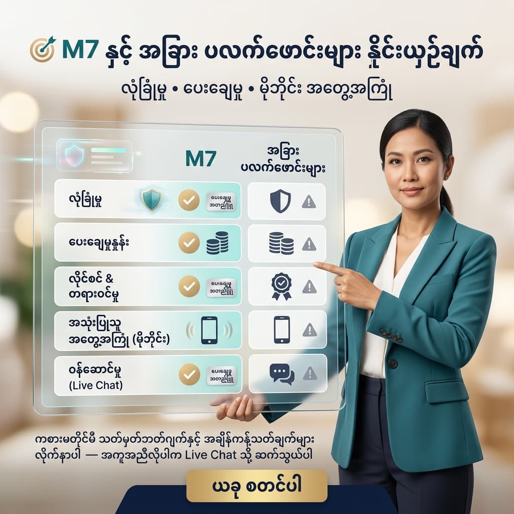 Square mobile-first infographic comparing M7 and other platforms in Burmese with headline "🎯 M7 နှင့် အခြား ပလက်ဖောင်းများ နှိုင်းယှဉ်ချက်", side-by-side rows for security, payout, licensing, mobile UX, support and responsible gaming; confident Burmese presenter, clear icons, verified payout badge for M7, responsible-play microcopy, and a CTA "ယခု စတင်ပါ".