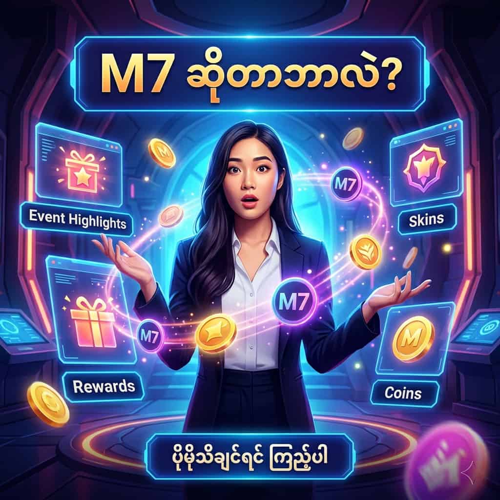 Asian female presenter in a vibrant fantasy-tech scene with glowing M7 symbols, holographic panels, coins, skins, and event highlights, designed as a clickable square hook image explaining what M7 is.