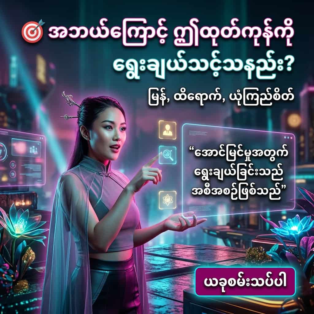 A striking 1:1 cinematic neon cyber-fantasy image of an Asian female presenter in a futuristic robe on a crystalline stage, with bold magenta and cyan lighting, Burmese headline asking why choose this model, supporting caption of performance design value, persuasive quote, and a clear Burmese call-to-action button, created to serve as a high-engagement promotional hook for Burmese audiences researching why to choose M7 and exploring product advantages.